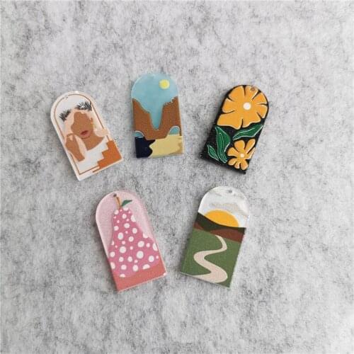 New style 40pcs/lot cartoon flowers/fruit Relief pattern print geometry Arched shape acrylic beads diy jewelry earring accessory