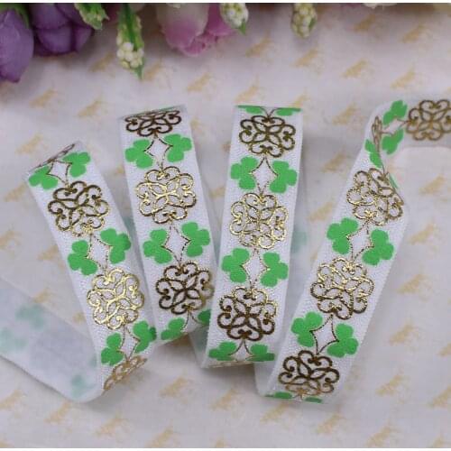Wholesale foe 5/8" gold covers printed fold over elastic 50yards per lot for St . Patricks Day