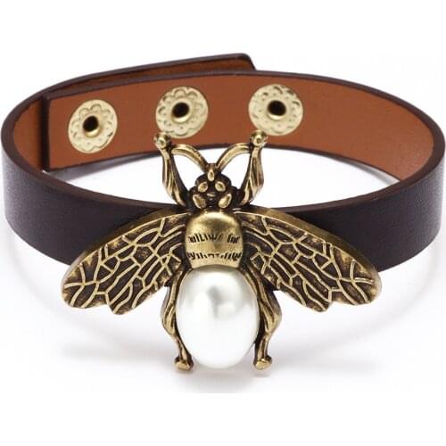 Bee Leather Bracelets Retro Leather Pearl Bead Black Wrap Bracelet Snap Button Wristband Bangle Bracelet Gift for Girl