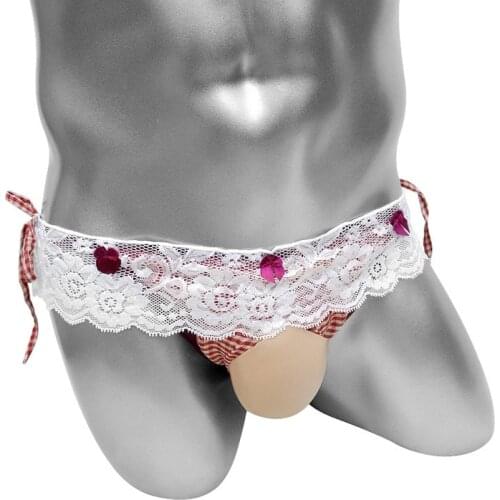 Plaid Sissy Penis Bulge Pouch Panties Lace-Up Cute Mens Briefs Shorts Underwear Sexy Erotic Lingerie Gay Bikini Bowknot