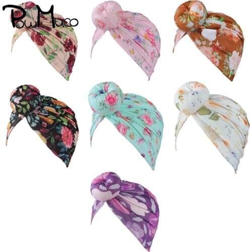 Powmuco 22*19 CM Colorful Print Round Ball Children Hats Cute Flowers Pattern Donut Newborn Caps Toddler Turban Birthday Gifts