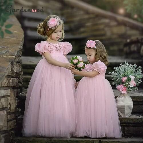 Puffy Tulle Pink Ball Gown Flower Girl Dresses Long Sleeve Girl Princess Dress Illusion Girl Wedding Party Dress First Communion