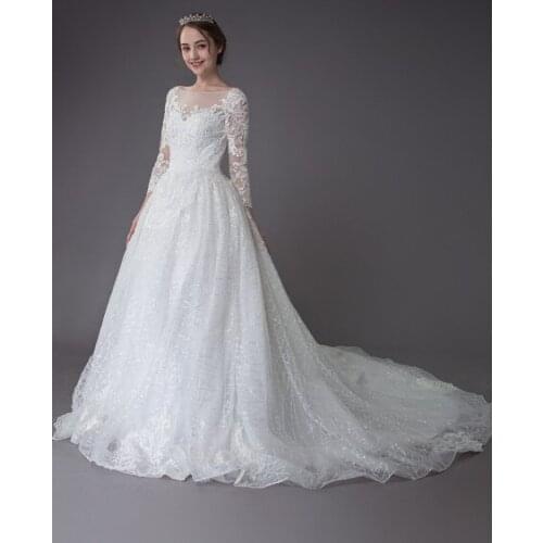 Wedding Dresses Long Sleeve Lace Sequin Applique Illusion Bridal Gowns With Train
