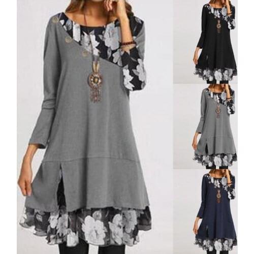 Loose Dress Flower Print Patchwork Women Round Neck Long Sleeve Dress Print Dress Casual Long Sleeve Short Dress Female for Dati