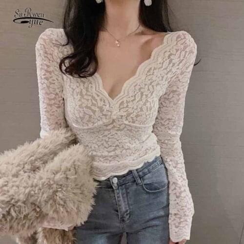 Slim Hollow Lace All-match Expose Clavicle White Top Sexy Wave Shape V-neck 2021 Autumn Winter New Base Blouse Women Sweet 12255
