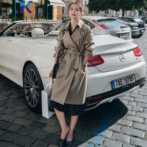 Korean Women Spring Autumn Trench coat Lace up Lapel Classic Double Breasted Long Trench coat Lady Casual Windbreaker 2020 New