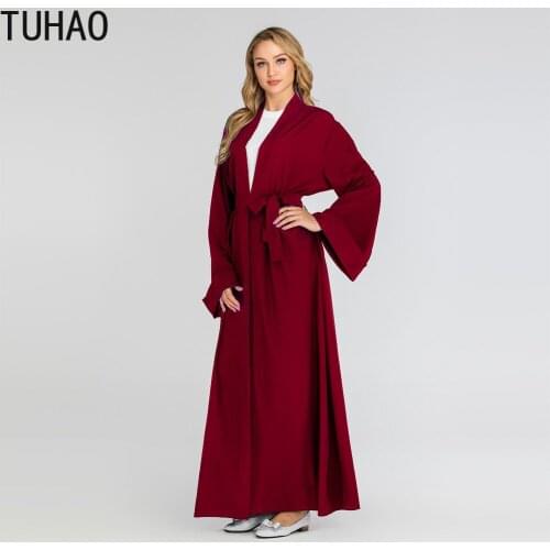 TUHAO Dubai Muslim Robe Open Stitch Cardigan Woman Long Coat With Sashes Solid Windbreaker Long Sleeve Trench Coat T1763