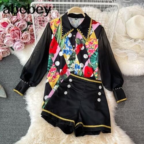 Vintage turn-down collar puff Sleeve Shirt Top + high waist double breasted printed wide leg Shorts 2-piece set 2021 New Summer
