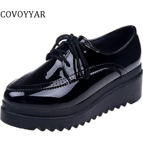 COVOYYAR 2019 Wedges Brogues Shoes Women Platform Lady Pumps Patent Leather High Heels Lace Up Cut Out Casual Black Shoes WHH680