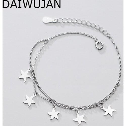 DAIWUJAN 100% 925 Sterling Silver Starfish Bracelets For Women Double-layers Stars Pendant Chain Bracelet Party Fine Jewelry