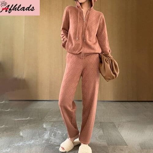 New Outfits For Women Fashion Plaid Hooded Long Sleeve Zipper Cardigan Jacket Coats + Knitted Pants Casual Two-Piece Sets