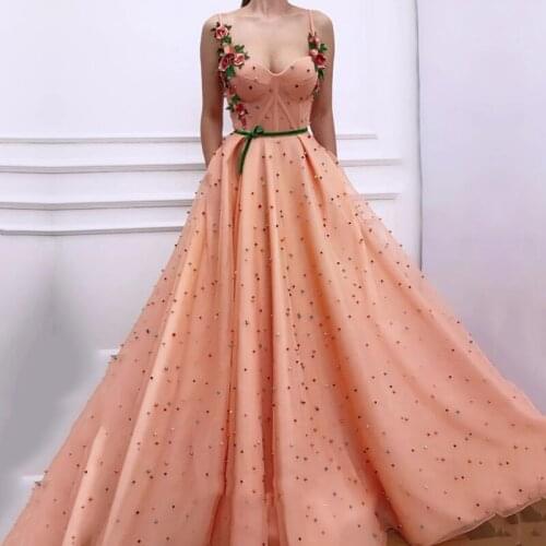 Peach Pearls Evening Dresses 2020 Spaghetti Strap A-Line Arabic Prom Gowns Dubai Beading Tulle Party Gowns Robe De Soiree