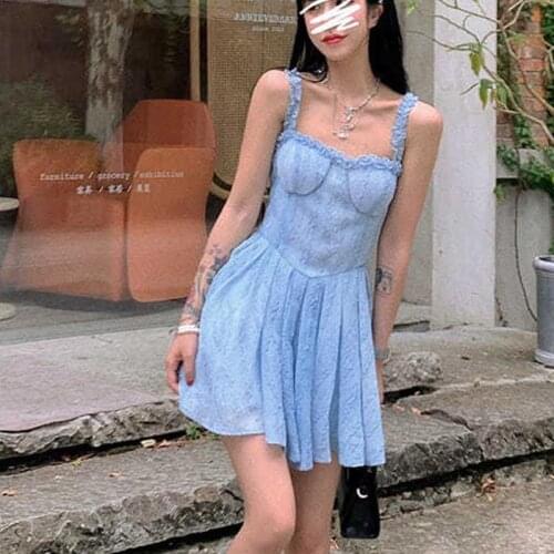 2021 Korean A-Line Sweet Casual Dress Female High Waist Summer Strap Dress Women Sexy Sleeveless Party Pleated Fairy Dress Lady