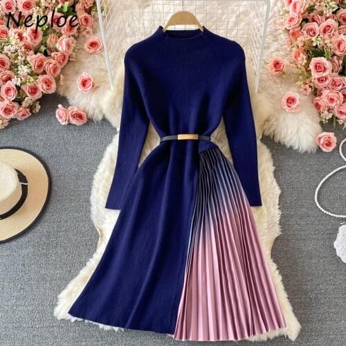 Dress for Women Stand Neck Long Sleeve Robe Patchwork Pleated Gradient Vestidos Female Temperament Knitted Dresses