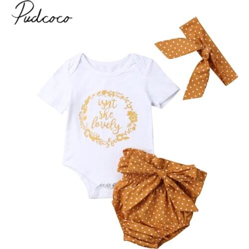 2019 Brand New Newborn Infant Kid Baby Girl Boy Letter Isn't She Lovely White Romper Tops+Dot Yellow Shorts+headband 3PCS Summer