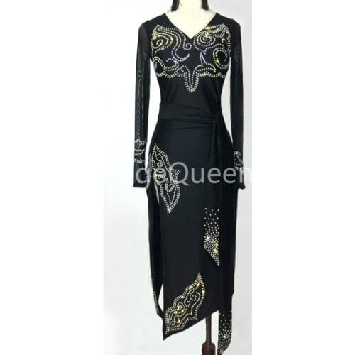 Glitter Rhinestones Women Black Latin Dance Dress Professional Latin Dancing Cha Cha/rumba/samba/tango/ballroom Dance Clothing