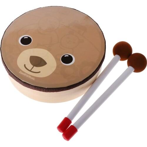 Bear Pattern Wooden Tambourines with Mallet Hand Percussion Instruments