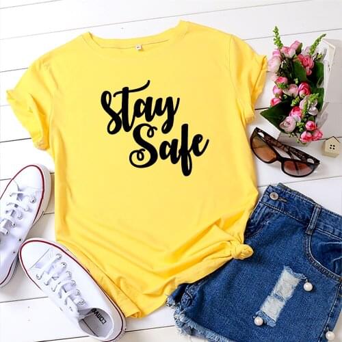 Summer Womens T-Shirt 100% Cotton Oversized T-shirt Stay Safe Printed T-shirt O-neck Short Sleeve T-shirt Women Clothing Tops