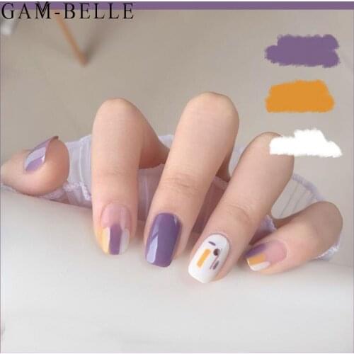 GAM-BELLE Artificial Nail Tips French Purple Graffiti Designs Short Press On Nails Art Decoration DIY Nail Manicure Beauty Tools