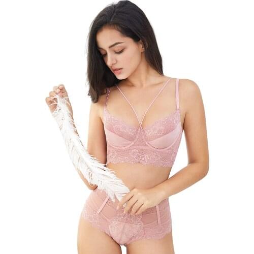 Classic Bandage Pink Bra Set Lingerie Brassiere Lace Underwear Set Sexy High-Waist Panties For Women underwear