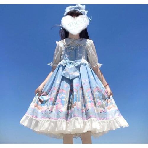 Summer Japanese Lolita Amusement Park Bear Party Dress Cute Jsk Suspender Dress Women Sweet Ruffle Loli Kawaii Dress