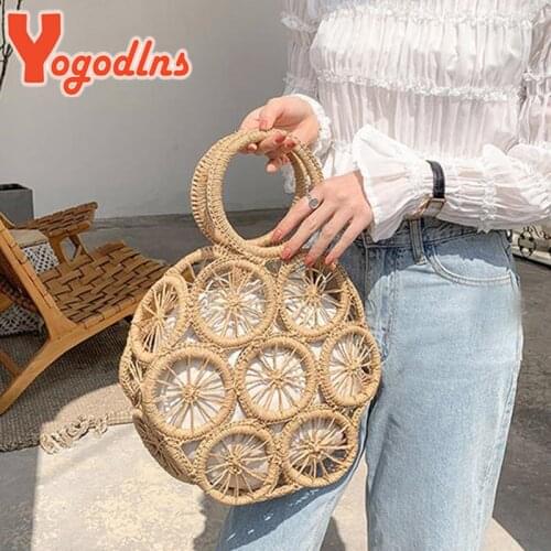 Yogodlns Summer Rattan Hollow Round Straw Bags Wicker Woven Women Handbag Summer Beach Shoulder Crossbody Bags Casual Lady Purse
