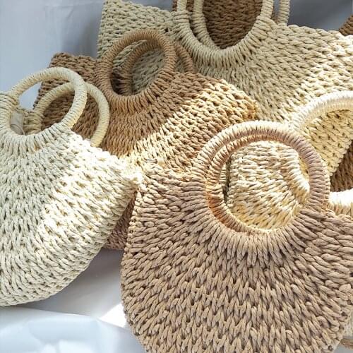 Summer Ladies Handmade Woven Bag Ladies Beach Woven Moon Shaped Handbag Tote Bag Ladies Straw Bag Wrapped Beach Bag