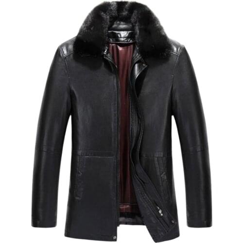 Mens Leather Mink Fur Collar Leather jacket for Mens Fur one Leather 2018 Winter Faux fur jacket More size M-XXL 3XL