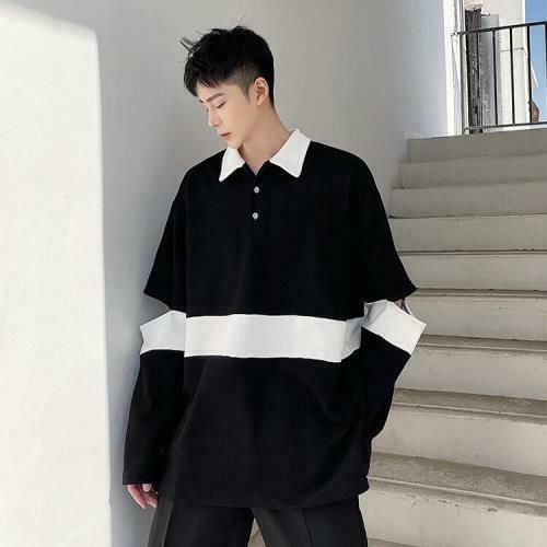 Mens Fashion Design Long Sleeve Color Matching Shirt Youth Casual Loose Tee