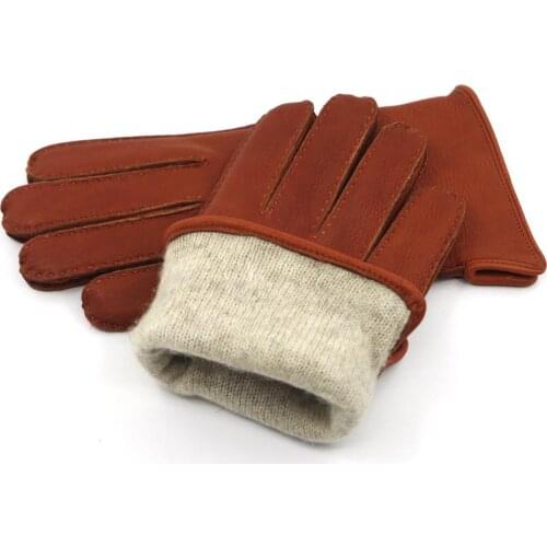 Harssidanzar Mens Canada Deerskin Leather Gloves Finished Cashmere lined Warm Winter Gloves