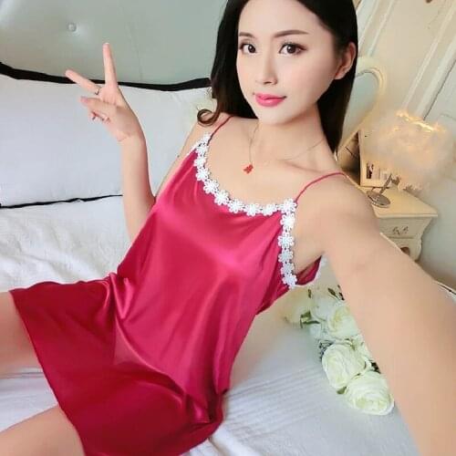 Satin Nightdress Summer Sleeveless Sleepwear With Floral Round Neck Sexy Ice Sleepdress Nightgown For Women