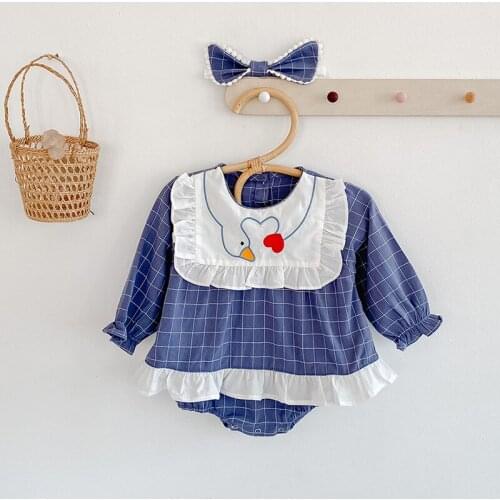 Autumn New Baby Girls Plaid Long Sleeve Romper With Headband