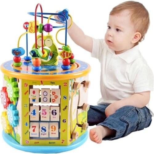 Montessori For Kid Wooden 8 in 1 Multipurpose Activity Cube Center Toys Educational Bead Maze Early Learning Toy For Kids Gifts