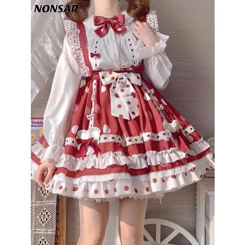NONSAR Cute Girl Lolita Dress Daily Kawaii Lolita JSK Red Polka Dot Strap Spring And Autumn Chiffon Lace