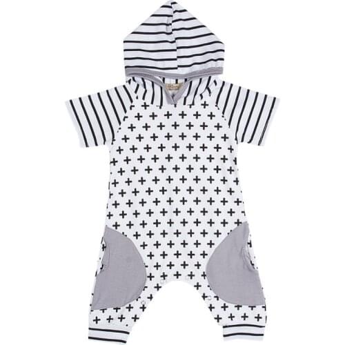 Pudcoco US Stock Cute Infant Baby Girls Boys Clothes Summer Short Sleeve Cross Striped Hooded Romper Cross Baby Romper Jumpsuit