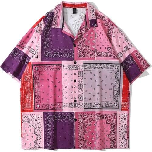 Japanese Harajuku Pink Color Block Bandana Shirt for Men Urban Mens Summer Streetwear Hip Hop Button Up Short Sleeve Shirts