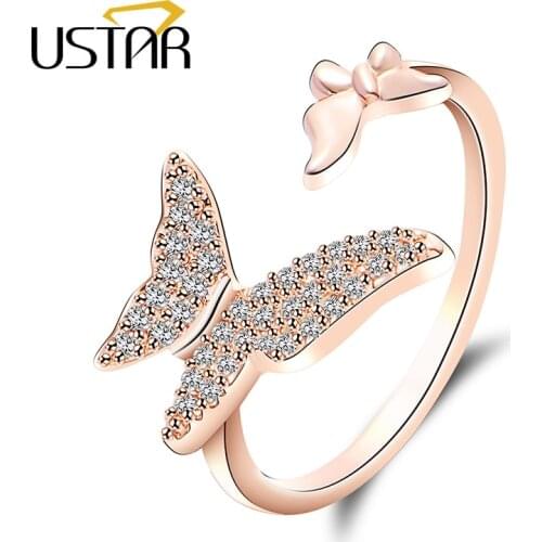 USTAR Crystals Butterfly wedding Rings for women AAA Zircon finger engagement rings female Jewelry Opening adjustable size
