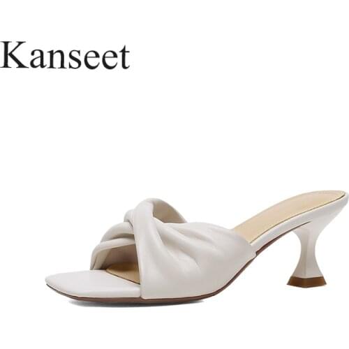 Kanseet 2021 Summer New Arrival Womans Slippers Pleated Genuine Leather Elegant Handmade Hot Sale Square Toe High Heels Shoes