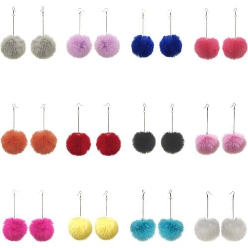 2020 Winter Women Accessories Fashion Lovely Pom Pom Fur Ball Long Pendant Dangle Earring Jewelry Christmas Gift