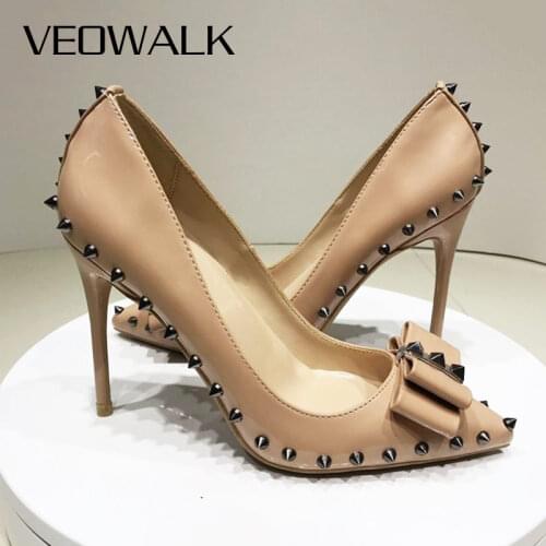 Veowalk Spikes Bow Knot Women Beige Stilettos High Heels Elegant Ladies Formal Dress Shoes Pointed Toe Slip On Rivets Pumps