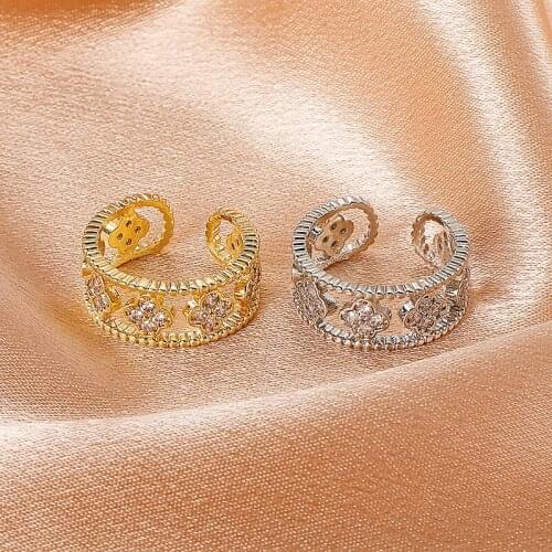 Zircon Hollow Four-leaf Flower Ring for Women Fashion Creative Simple Opening Adjustable Diamond Index Finger Ring Accessories
