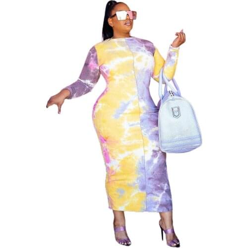 Plus Size 4XL 3XL O-neck Tie Dye Printed Long Sleeve Dress Casual Autumn Clothing for Woman 2021 Fall Clothes Vintage Dresses