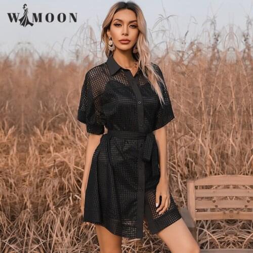 Summer Fashion Lace Up Black Solid Hollow Mesh See-through High Street Gauze Above Knee Cloak Sleeves STAND Collar Woman Dress