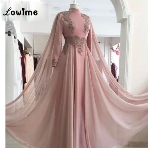 Pink Applique Evening Gown Formal Muslim Evening Dresses Chiffon Arabic Party Dress High Neck Robe De Soiree Longue 2018