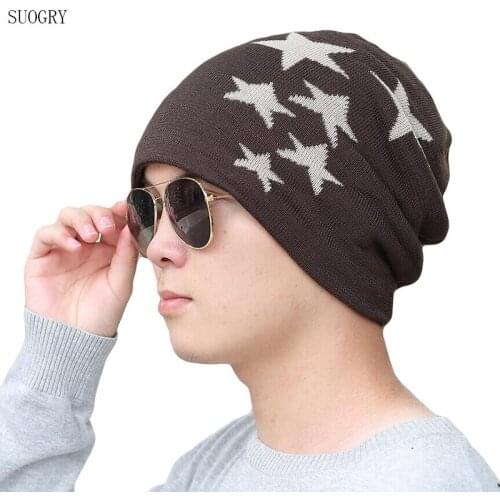 SUOGRY Winter New Knitted Mens Hats Plus Velvet Thickening Outdoor Warm and Comfortable Caps Fashion Pentagram skullies beanie