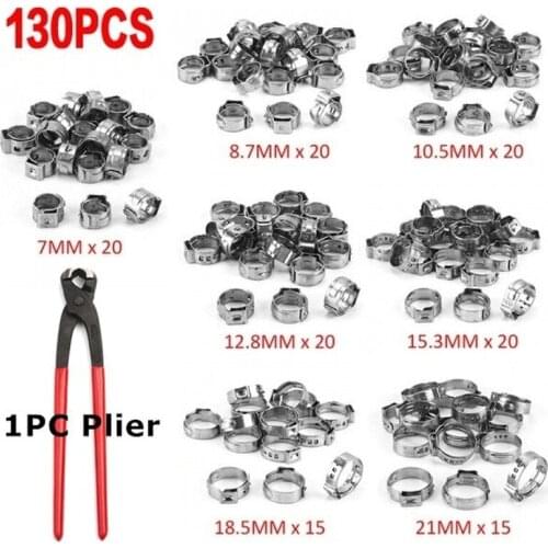 130pcs Single Ear Hose Clamps Stainless Steel Water Pipe Hose Clamp Plier Mixed Assorted Set for Sealing All Kinds of Hose