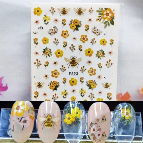 3D Nail Sticker Spring Yellow Flowers Bouquet Nail Foil Glue Sticker Cherry Blossoms Stickers for Manicure Nail Art Decoration
