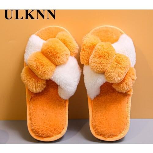 ULKNN Children Slippers For Home Girls Anti-Slippery Peep-Toe Indoor 2021 Winter Plush Slippers Fashion Kids Cute Soft Pantufa