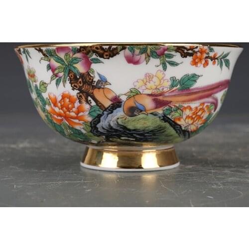 Qing Dynasty Yongzheng Enamel Golden Pheasant Peony Bowl Antique Porcelain Collection