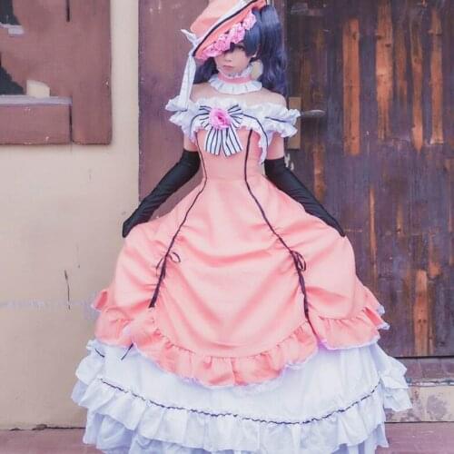 Ciel Phantomhive Cos anime Kuroshitsuji Black Butler pink Cosplay Costume Women girls Halloween fancy dress+hat+gloves+neck